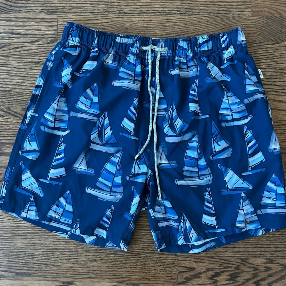 Vintage Summer Navy Blue Sailboats Mens Swim Trunks Mesh Lining Size Large NWOT